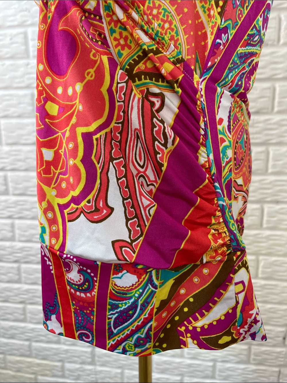 CACHÉ Y2K VINTAGE HALTER BLOUSE CHAIN COLLAR FAUX WRAP COLORFUL PAISLEY SZ LG - Picture 3 of 12